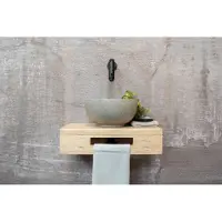 Saniclear Seba fonteinset met eiken plank, grijze terrazzo waskom en zwarte kraan voor in het toilet