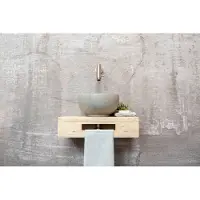 Saniclear Seba fonteinset met eiken plank, grijze terrazzo waskom en RVS kraan voor in het toilet