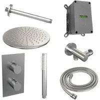 Brauer Brushed Edition thermostatische inbouw regendouche 3-weg omstelling SET 30 met 30 cm douchekop en plafondarm en staaf handdouche en doucheslang en wandaansluitbocht RVS geborsteld PVD