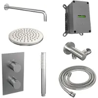 Brauer Brushed Edition thermostatische inbouw regendouche 3-weg omstelling SET 27 met 20 cm douchekop en gebogen muurarm en staaf handdouche en doucheslang en wandaansluitbocht RVS geborsteld PVD