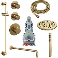 Brauer Regendoucheset inbouw gold edition thermostatisch 20 cm met gebogen wandarm, glijstang en handdouche staaf losse stopkranen geborsteld goud