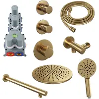 Brauer Gold Edition thermostatische inbouw regendouche SET 08 met 30 cm douchekop en rechte muurarm en 3-standen handdouche en doucheslang en wandaansluitbocht goud geborsteld PVD
