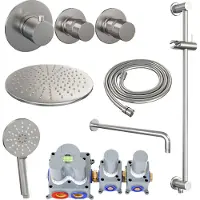 Brauer Brushed Edition thermostatische inbouw regendouche SET 22 met 30 cm douchekop en gebogen muurarm en 3-standen handdouche en doucheslang en geïntegreerde glijstang RVS geborsteld PVD