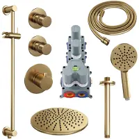 Brauer Edition Thermostatische Inbouw Doucheset - Geborsteld Goud PVD - Hoofddouche 30cm - Plafondsteun - Ronde Handdouche - Met Glijstang - Messing - Kranen, Douchekranen, Douchesets, Inbouw