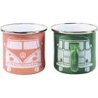 VW Collection - Volkswagen Set van 2 Geëmailleerde Koffie-Thee-Cappuccino-Kop-Mok-Haferl-Mok voor Camping & Buiten T1 Bus (350 ml x2/Zwart & Blauw)