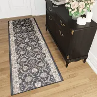 Tapiso Dubai Tapijt Loper Antraciet Bloemenprint Woonkamer Slaapkamer Hal Maat – 70x1000