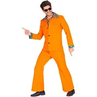 Finidi Leuk oranje kostuum jaren 70, jas met shirt en broek