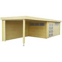Fjordholz Tuinhuis Modern 415 x 385 cm + extensie 400 cm stalen dak met anti-condensdoek