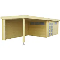 Fjordholz Tuinhuis Modern 355 x 295 cm + extensie 400 cm stalen dak met anti-condensdoek