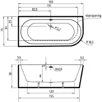 Xenz Charley half vrijstaand hoekbad 165x75 cm rechts wit