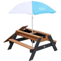 Axi Nick Zand & Water Picknicktafel in Antraciet/Bruin - Parasol Blauw/Wit - Picknick tafel voor kinderen van hout