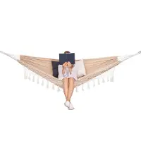 Springos Hangmat | Extra stevig | Met franje | Inclusief kussens | DonkerBeige | 200 x 150 cm