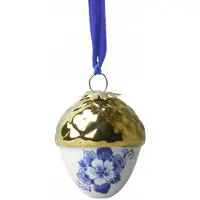 Heinen Delfts Blauw kerstbal noot met gouden dopje