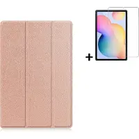 Modo Hoesje Geschikt voor Samsung Galaxy Tab S6 Lite - 10.4 inch - Screenprotector Samsung Galaxy Tab S6 Lite - Samsung Tab S6 Lite Tri fold book case hoes Rosegoud + Tempered Glass