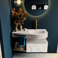 Mondiaz riva 100 cm badmeubel onderkast /planchet kleur carrara met 1 lade. Wastafel dulcet rechts 1 kraangat kleur linen.