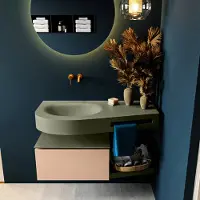 Mondiaz RIVA 100cm badmeubel onderkast / planchet kleur Rosee met 1 lade. Wastafel DULCET links 0 kraangaten kleur Army.