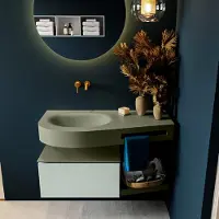 Mondiaz riva 100 cm badmeubel onderkast /planchet kleur greey met 1 lade. Wastafel dulcet links 0 kraangaten kleur army.