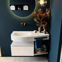 Mondiaz riva 100 cm badmeubel onderkast /planchet kleur underlayment met 1 lade. Wastafel dulcet links 0 kraangaten kleur talc.