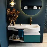 Mondiaz riva 120 cm badmeubel onderkast /planchet kleur smag met 1 lade. Wastafel dulcet rechts 1 kraangat kleur talc.