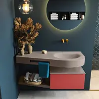 Mondiaz riva 120 cm badmeubel onderkast /planchet kleur fire met 1 lade. Wastafel dulcet rechts 0 kraangaten kleur smoke.