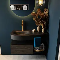 Mondiaz riva 100 cm badmeubel onderkast /planchet kleur dark_brown met 1 lade. Wastafel dulcet links 1 kraangat kleur urban.
