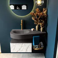 Mondiaz riva 100 cm badmeubel onderkast /planchet kleur carrara met 1 lade. Wastafel dulcet links 1 kraangat kleur dark_grey.