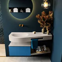 Mondiaz riva 120 cm badmeubel onderkast /planchet kleur jeans met 1 lade. Wastafel dulcet links 0 kraangaten kleur linen.