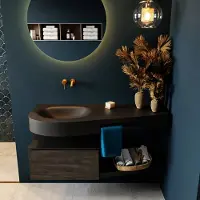 Mondiaz riva 120 cm badmeubel onderkast /planchet kleur dark_brown met 1 lade. Wastafel dulcet links 0 kraangaten kleur urban.