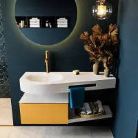 Mondiaz riva 120 cm badmeubel onderkast /planchet kleur ocher met 1 lade. Wastafel dulcet links 1 kraangat kleur talc.