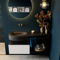 Mondiaz riva 120 cm badmeubel onderkast /planchet kleur talc met 1 lade. Wastafel dulcet links 0 kraangaten kleur urban.
