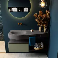Mondiaz riva 120 cm badmeubel onderkast /planchet kleur army met 1 lade. Wastafel dulcet links 0 kraangaten kleur dark_grey.