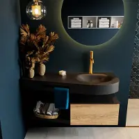 Mondiaz riva 120 cm badmeubel onderkast /planchet kleur washed_oak met 1 lade. Wastafel dulcet rechts 1 kraangat kleur urban.
