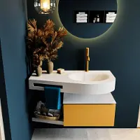 Mondiaz RIVA 100cm badmeubel onderkast / planchet kleur Ocher met 1 lade. Wastafel DULCET rechts 1 kraangat kleur Talc.