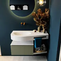 Mondiaz riva 100 cm badmeubel onderkast /planchet kleur army met 1 lade. Wastafel dulcet links 0 kraangaten kleur talc.