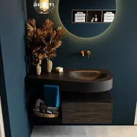 Mondiaz riva 100 cm badmeubel onderkast /planchet kleur dark_brown met 1 lade. Wastafel dulcet rechts 0 kraangaten kleur urban.