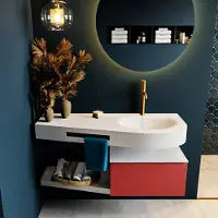 Mondiaz riva 120 cm badmeubel onderkast /planchet kleur fire met 1 lade. Wastafel dulcet rechts 1 kraangat kleur talc.