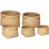 Atmosphera Rieten mandenset - bloempot - Naturel en goud - Set van 5 - Opberger - Zeegras