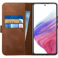 Rosso Deluxe Echt Leer Book Case Hoesje Geschikt voor Samsung Galaxy A53 | Ruimte voor drie pasjes | Portemonnee Book Case | Met Pasjeshouder | Bruin