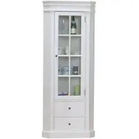 Hioshop Mozart hoekvitrinekast in antiek wit, antiek gepatineerd. Breedt 55 cm, hoogte 200 cm.