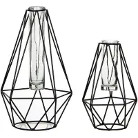 Mica Decorations 2x Stuks metalen diamant draad vaasjes zwart met glas 17 en 24 cm - Vazen