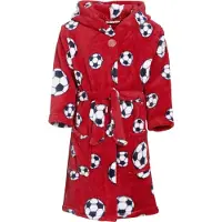 Playshoes fleece badjas Socces met voetbal dessin rood All over print - maat 98/104