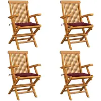 vidaXL Tuinstoelen 4 st met wijnrode kussens massief teakhout
