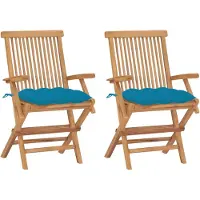 vidaXL Klapstoelen met lichtblauwe kussens, 2 stuks, massief teak hout