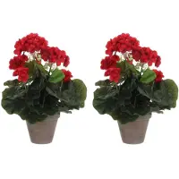 Mica Decorations 2x stuks geranium kunstplanten rood in keramieken pot H34 x D20 cm - Kunstplanten