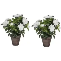 Mica Decorations 2x Groene Azalea kunstplanten met witte bloemen 27 cm met pot stan grey - Kunstplanten