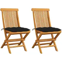 vidaXL Opklapbare stoelen met zwarte kussens, 2 stuks, massief teakhout