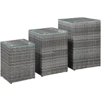 vidaXL 3-delige Bijzettafelset met glazen blad poly rattan grijs