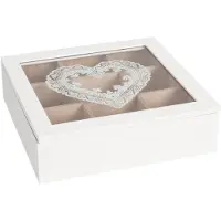 Clayre & Eef Tea Box 9 compartments 24x24x7 cm White Wood Glass Square Heart Tea Box - white