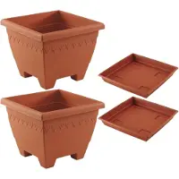 Hega hogar 2x stuks vierkante plantenbakken terra cotta met opvangschaal 40 x 40 x 31 cm - Plantenbakken