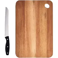 Zeller Rechthoekige acacia houten snijplank 41 cm inclusief RVS Broodmes 33 cm - Snijplanken